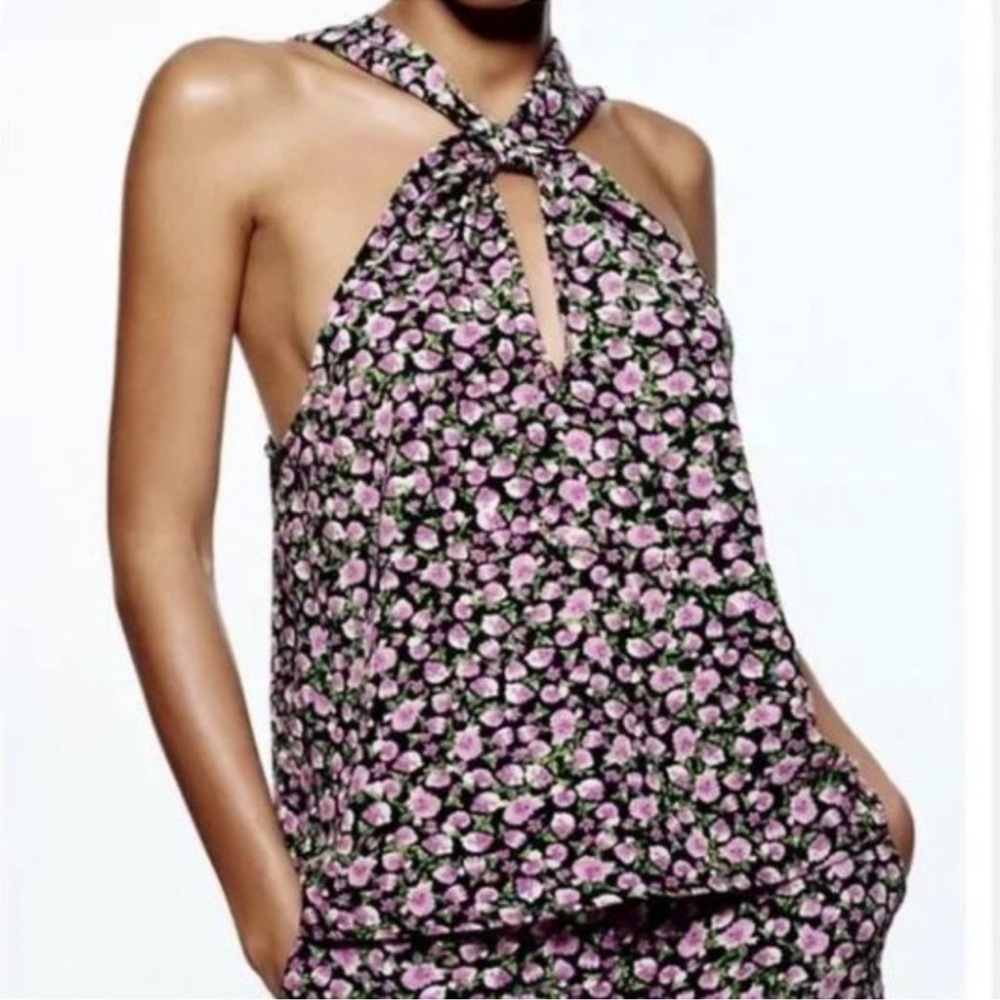 Zara Purple/Black Floral Knot/Twist Halter Top - Picture 3 of 4
